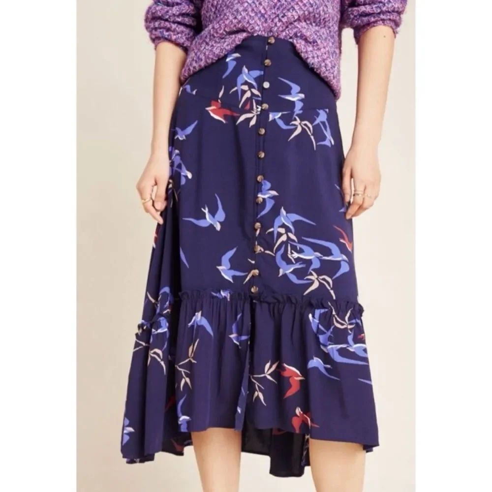 Anthropologie Maeve Merida Flounced Midi Skirt Size 10 NWOT
